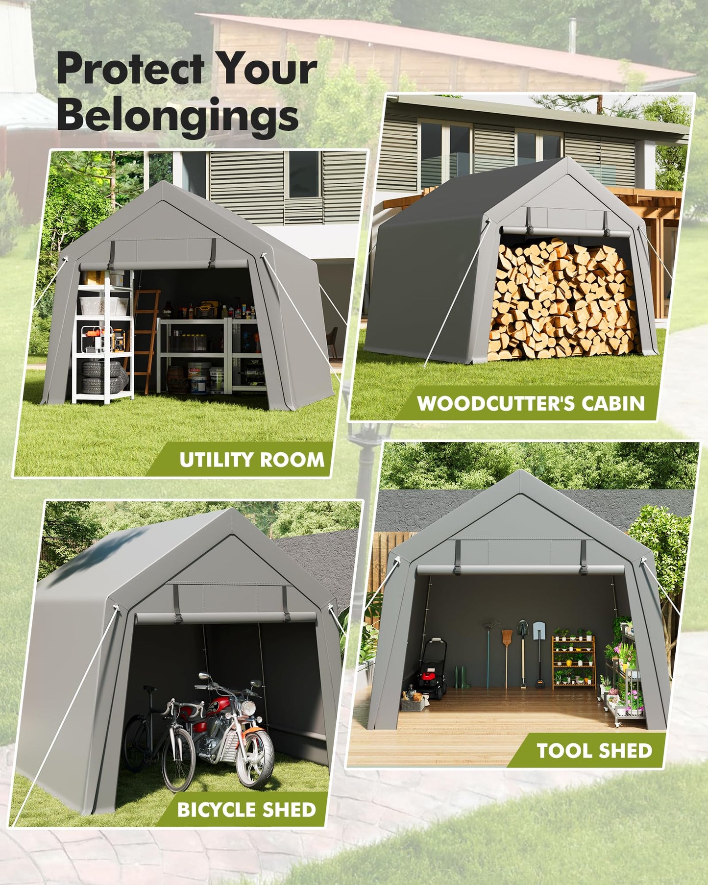 VerisShade 10 x 10 ft Carport Storage Shed, Shelter Logic with 2 Roll-up Zipper Door, Heavy Duty Waterproof Tarp, Storage Tent for ATV, Motorcycle, Bike, Garden Tools, Firewood