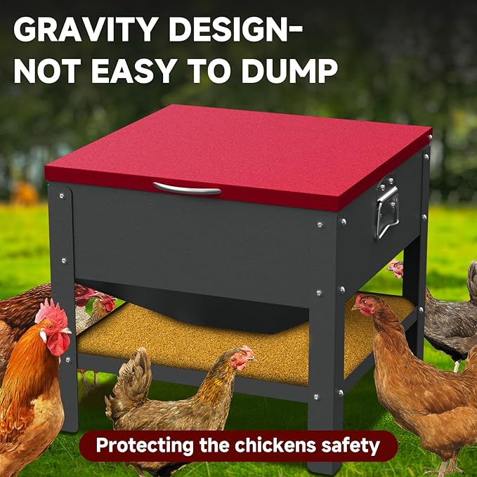 Automatic Chicken and Duck Feeder, 80 LBS Capacity Metal Chicken Feeder, Weatherproof Outdoor Gravity Feeding Barrel, No-Waste Feeder for Backyard Flock (Red)