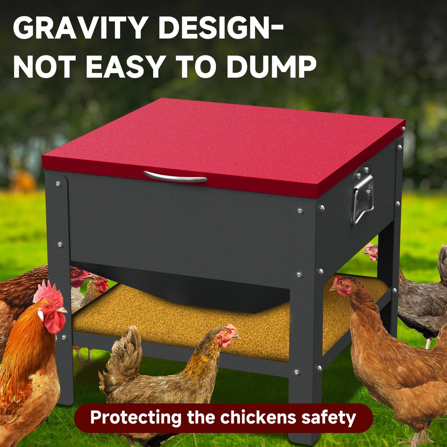 Automatic Chicken and Duck Feeder, 80 LBS Capacity Metal Chicken Feeder, Weatherproof Outdoor Gravity Feeding Barrel, No-Waste Feeder for Backyard Flock (Red)
