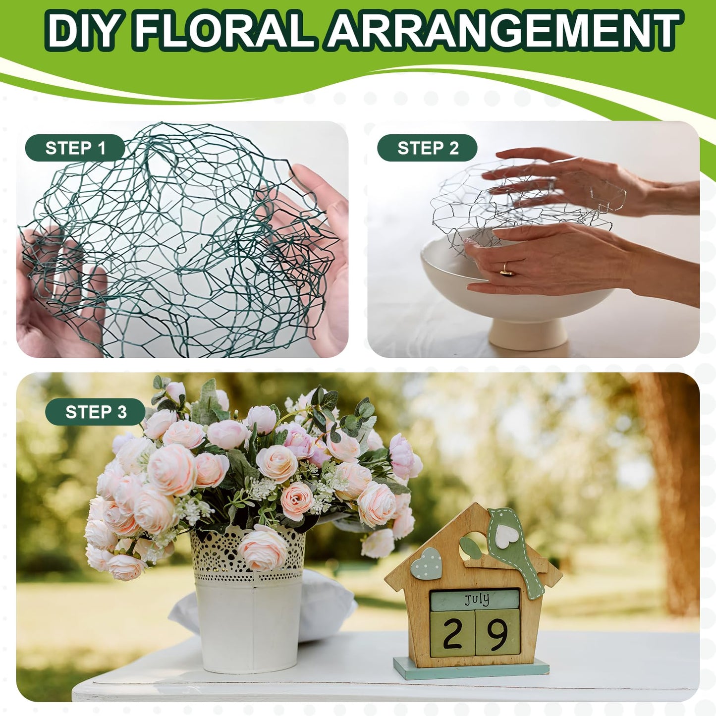 Green Floral Chicken Wire Mesh - 15.7 x 157 Inch Rustproof PVC Coated Hex Netting for Arrangements (0.6" Hex) Coated Netting Fence for Crafts Poultry, Garden
