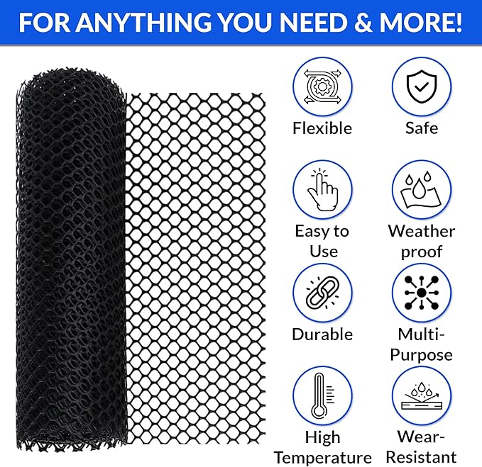 Plastic Wire Mesh Fence 15.7" x 31 ft – Chicken Wire Fencing for Dogs, Rabbits & Poultry – Snake Barrier & Fence for Balcony – Includes 30 Pegs & 20 Zip Ties – Durable, Weatherproof & Easy to Install