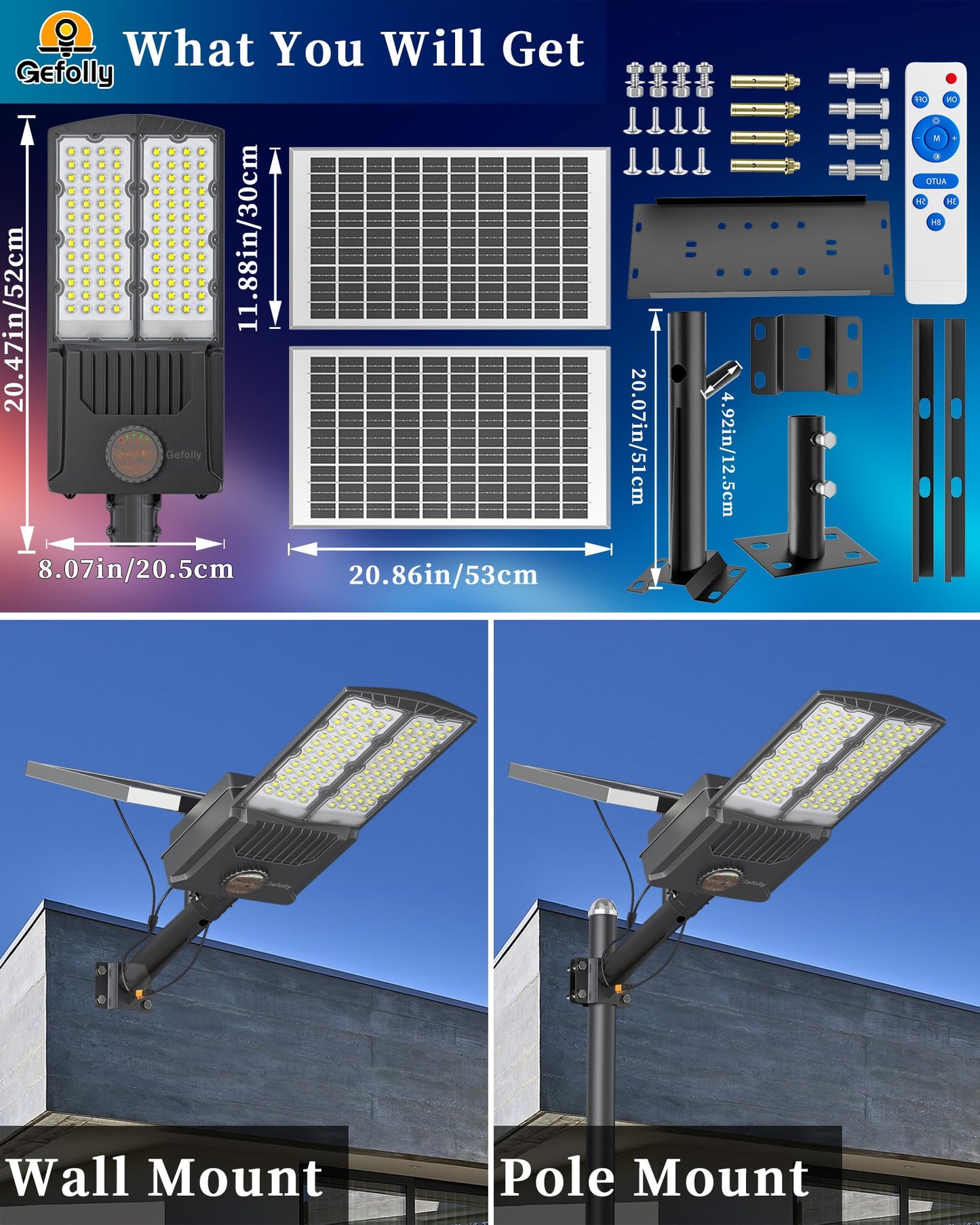 Gefolly SL-9500W Solar Street Light Outdoor 600000LM Commercial Parking Lot Lights Dusk to Dawn 6500K Flood Security Light IP67 Lamp with Motion Sensor for Basketball Court, Yard, Road