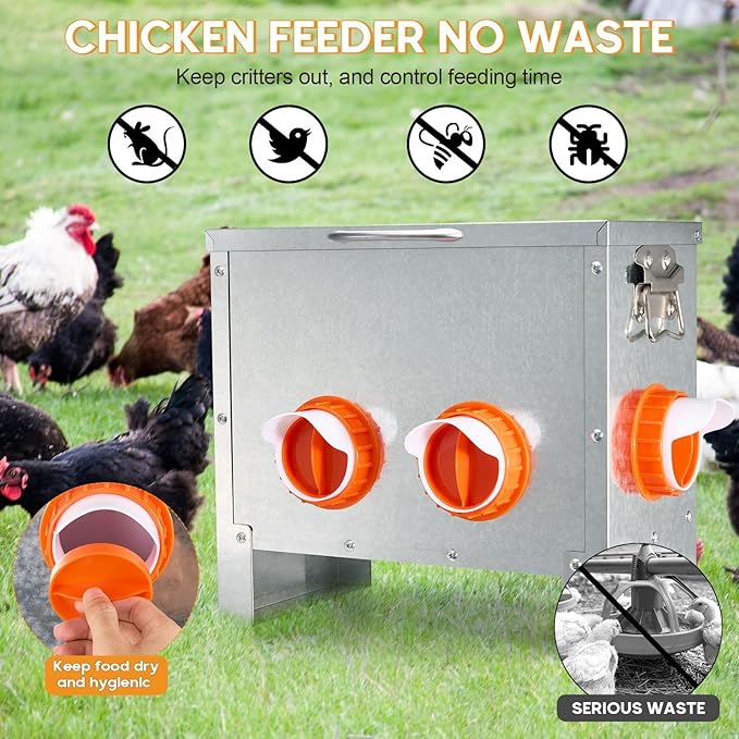 Automatic Chicken Feeder No Waste Large Capacity 25lbs 4-Ports Metal Poultry Feeder with Pull Handle for Chickens Geese Ducks Poultry Coop Weatherproof Design (25lb with 4 Ports)