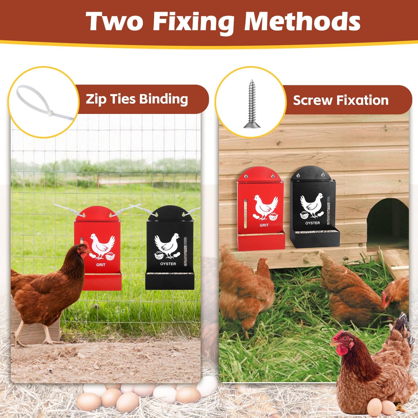 Chicken Oyster Shell and Grit Feeder, 2pcs Poultry Feeder Metal Gravity Hanging Chicken Feeders Chick Grit Oyster Shells Coop Accessories