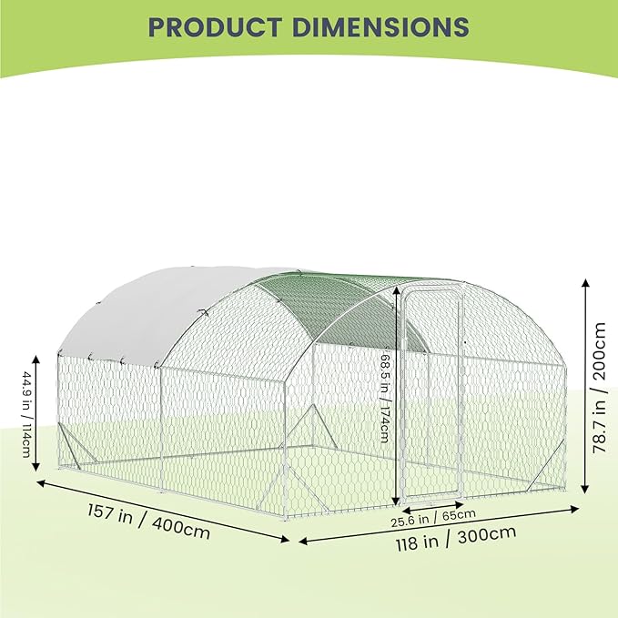 Large Metal Chicken Coop, Dome Shape with Tri-Supporting, Chicken Coop Run with Waterproof and Anti-UV Cover (13.1'L x 9.8'W x 6.6'H)