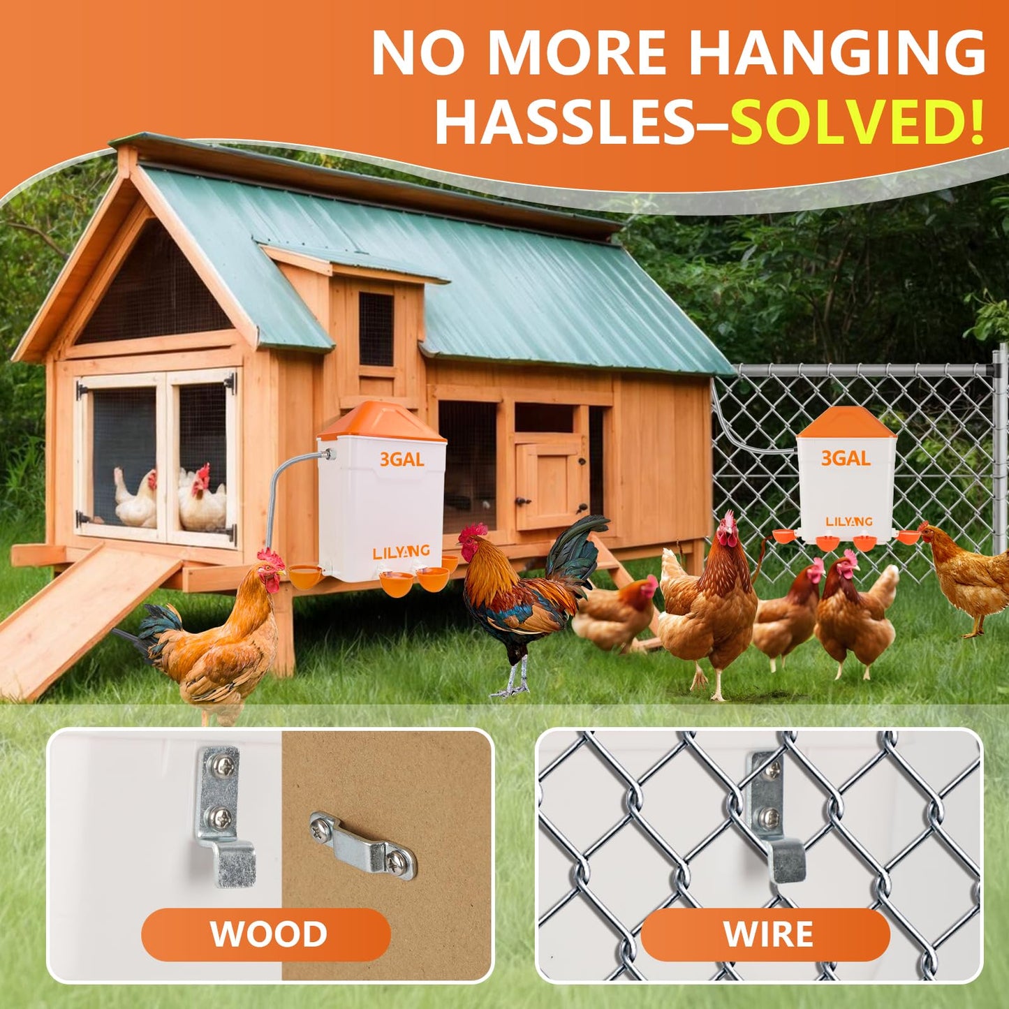 Lilyang Automatic Chicken Waterer 3 Gallon | Float-Control Poultry Waterer, Hanging/Standing Design, Connect to 3/4'' Faucet & Hose, Effortless Hydration Solution for Backyard Coop & Small Farm