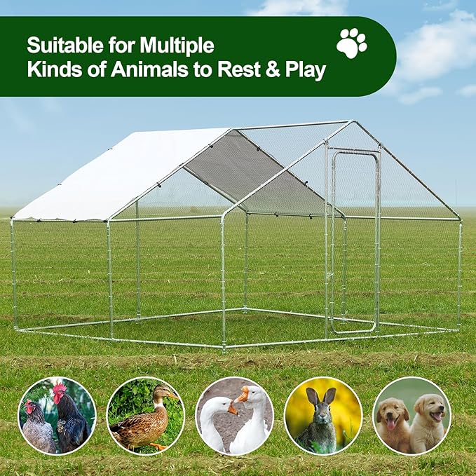Wonline Large Metal Chicken Coop, Outdoor Walk-in Poultry Spire Top Cage with Climbing Frame Waterproof&Anti-UV Cover, for Hen House, Duck Coop and Rabbit Run, Silver (9.8' L x 9.8' W x 6.56' H)