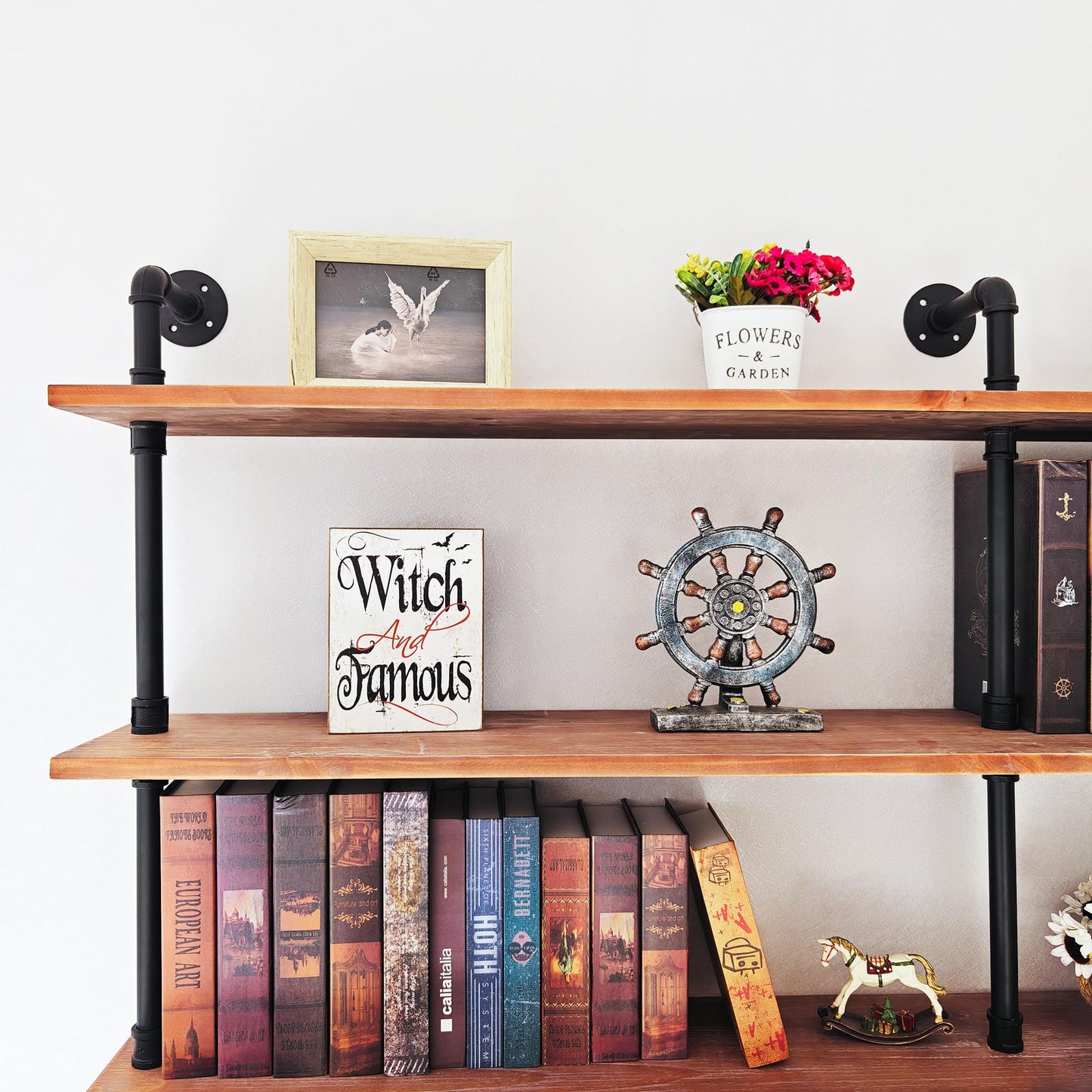 Anynice Industrial Ladder Shelf Bookcase, Wall Mounted Rustic Bookshelf, Retro Wood Metal Pipe Industrial Shelves for Living Room(Weathered Brown, 6 Tier - 10" D x 70" W x 82.5" H)
