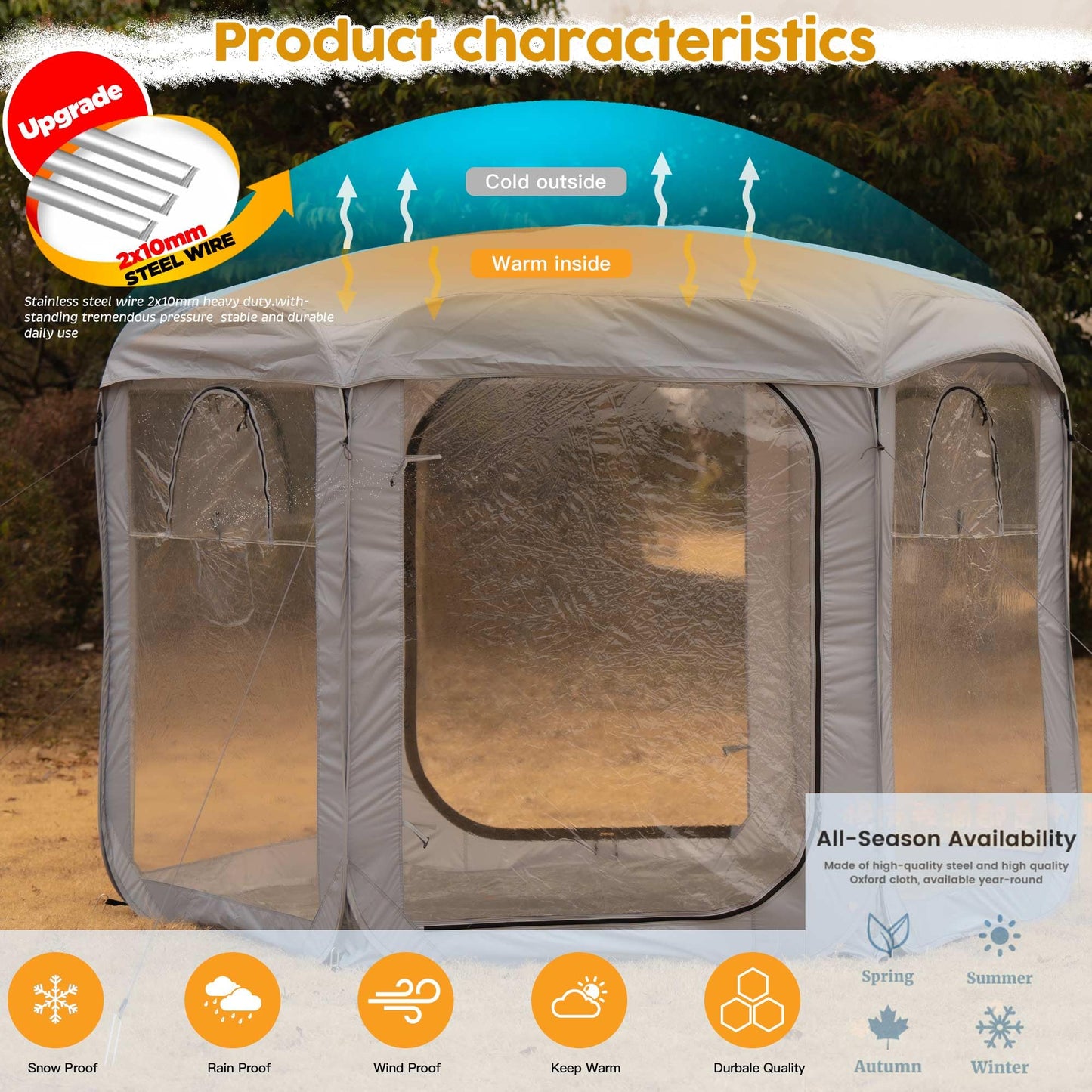Porayhut Pop up Bubble Tent Screen House10’X10’Large Camping Sun Shelter,Weather and Cold Proof Pod with Detachable Sunshade Cloth,Waterproof Floor,2 Zipper Doors and 4 Mesh Breathable Windows