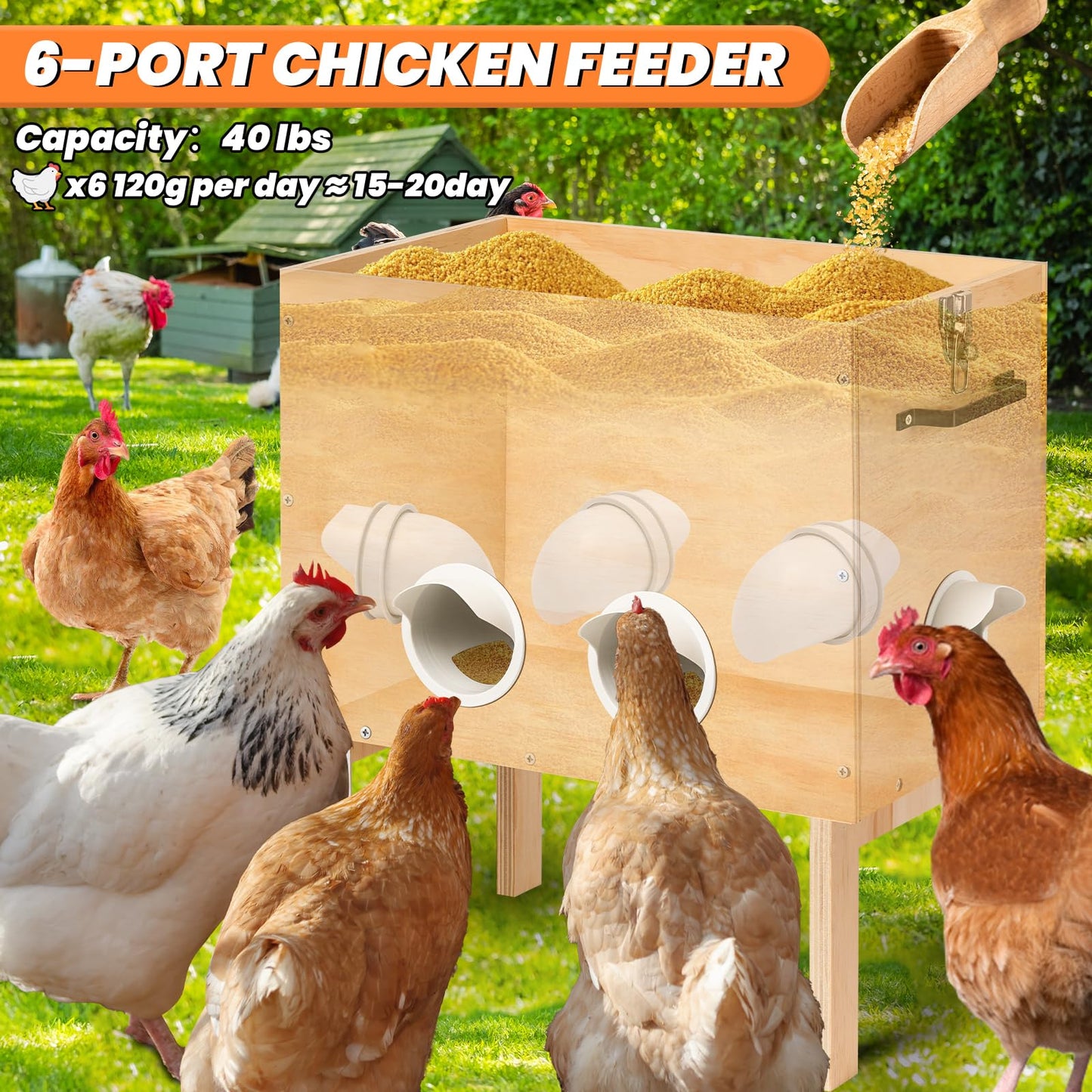 Automatic Chicken Feeder, 40 lb Capacity 6 Port Wooden Chicken Feeders with Locking Lid & Handle for Chickens, Geese, Ducks, Turkeys, Quails