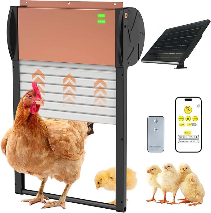 Automatic Chicken Coop Door, Solar Powered Chicken Door with Timer & Light Sensor, Chicken Door Opener, Support APP Controlled, Built-in 4000mAh Battery, USB Rechargeable, Anti-Pinch & Weather Proof