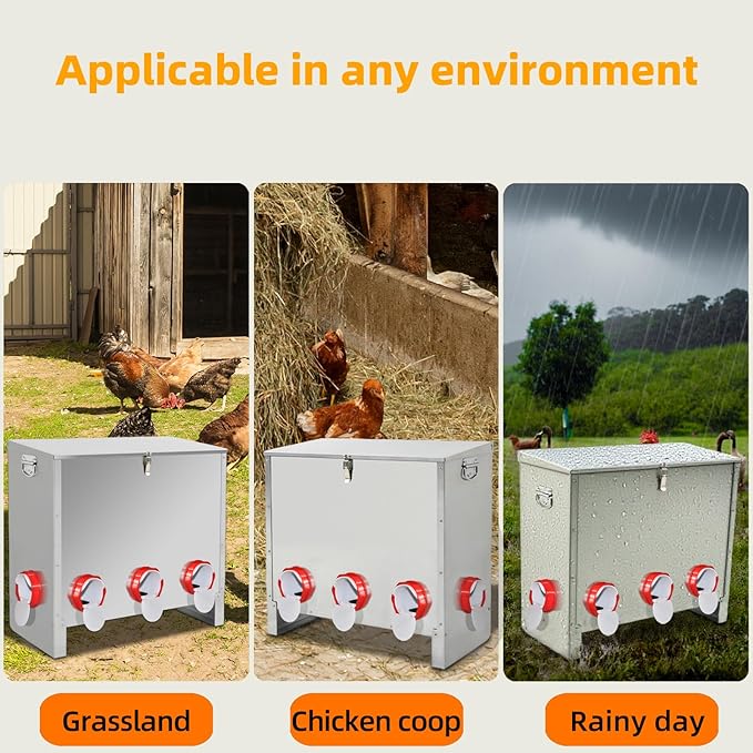 Automatic Poultry Chicken Feeder No Waste Metal Large Capacity 88 lbs Feeders for Chickens Ducks, Geese Bantams Pheasants Coop Weatherproof (8-Port)