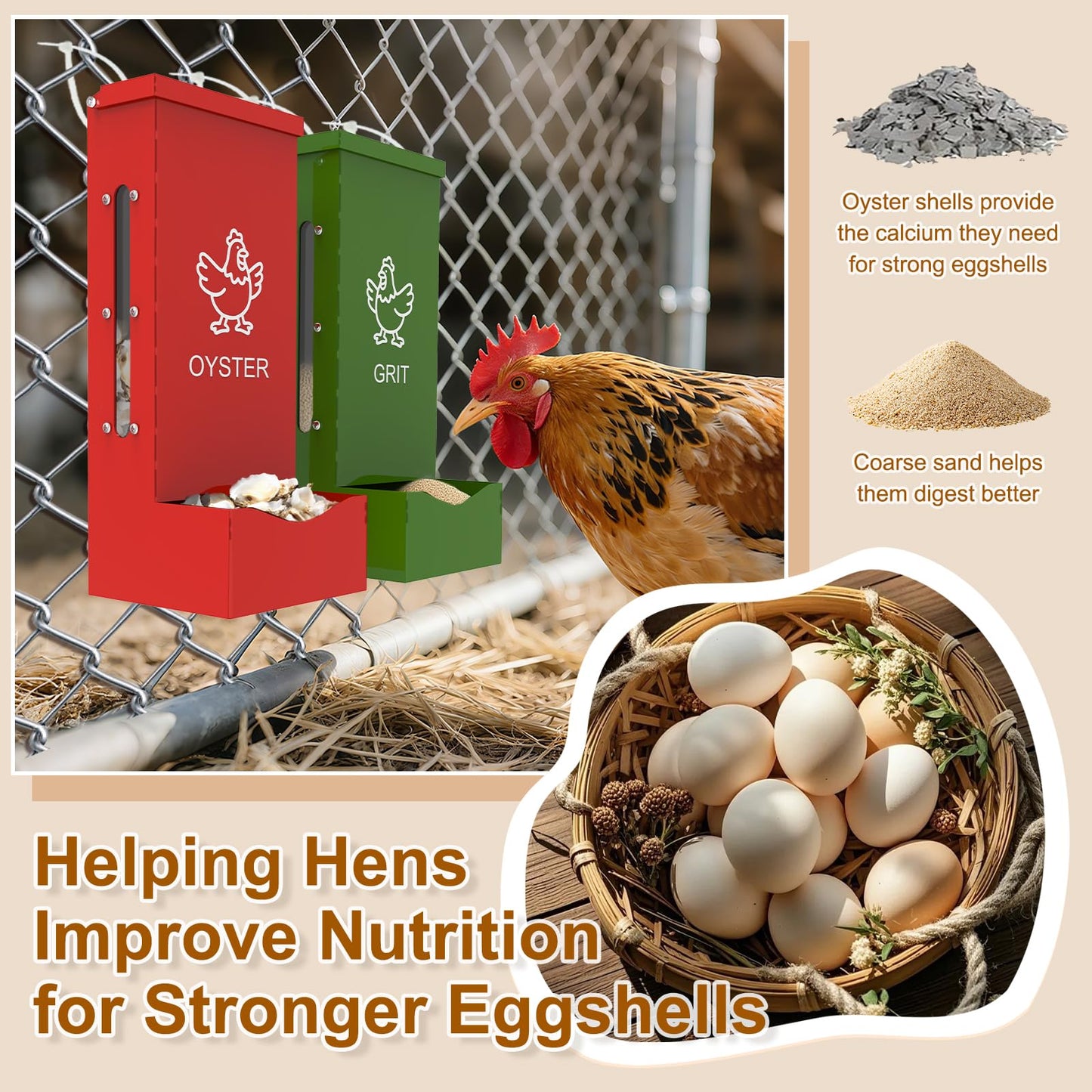 ULENDIS 2 Pack Chicken Oyster Shell Feeder and Grit Feeder, Heavy Duty Metal Automatic Chicken Feeders with Lid, Gravity-Fed Chicks Food Dispenser Hanging Poultry Feeders for Coop Ducks, Pigeons