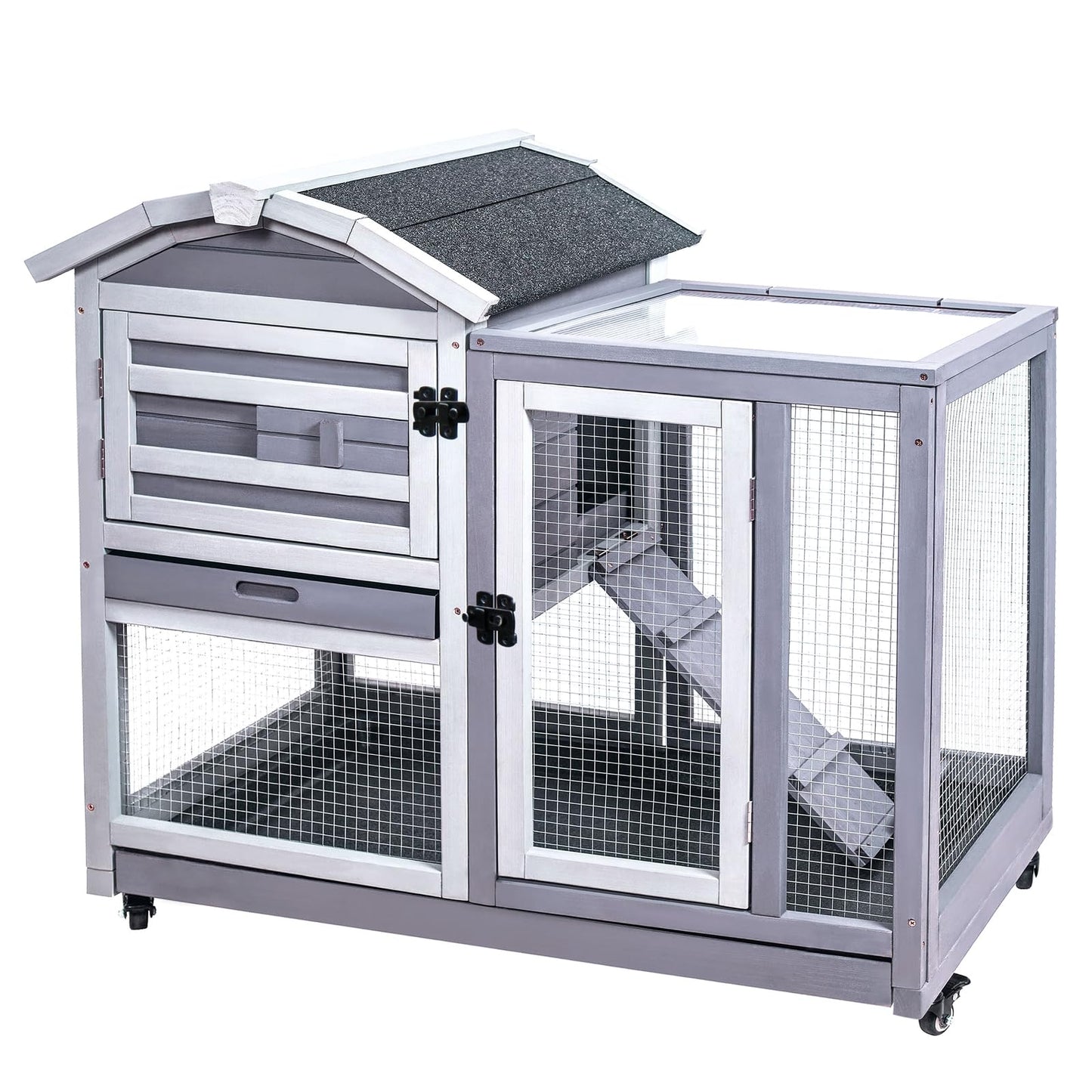 GEGURI Rabbit Hutch Indoor Rabbit Cage Outdoor, Wooden Bunny Cages for Guinea Pig with Wheels, Removable Tray, Ramp