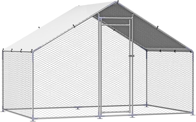 VEVOR Large Metal Chicken Coop with Run, Walkin Chicken Coop for Yard with Waterproof Cover, 6.5 x 9.8 x 6.5 ft, Spire Roof Large Poultry Cage for Hen House, Duck Coop and Rabbit Run
