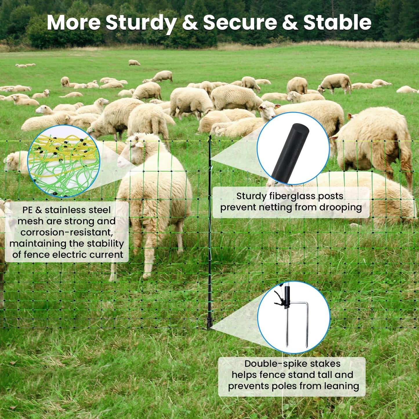 Electric Fence Netting, 42.5" H x 164'L, Portable Livestock Fencing Used in Backyards, Farms and Ranches, Electric Netting Fence for Cattle, Sheep, Goat, Hogs, Net Fencing with 14 Posts Double Spiked