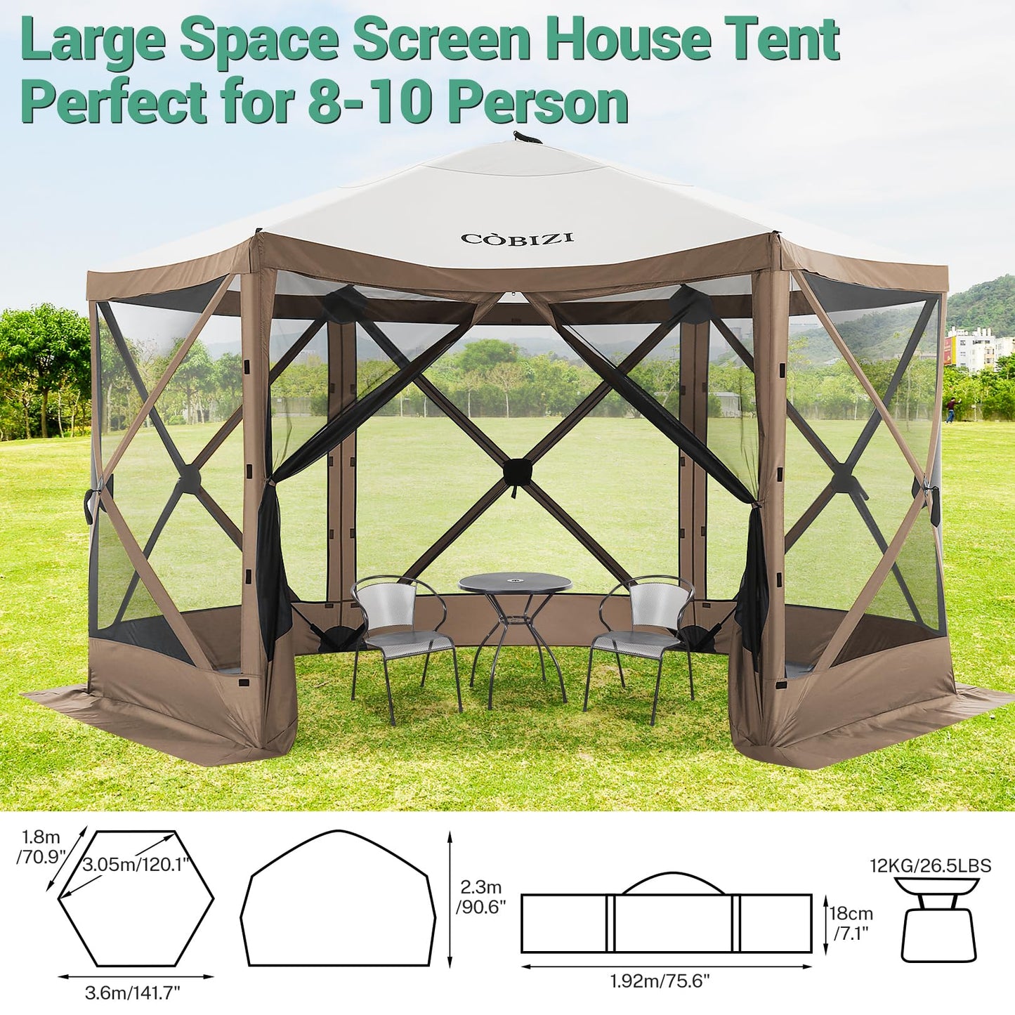 COBIZI 12x12ft Pop up Gazebo Screen Tent Screen House for Camping, Camping Outdoor Screened Gazebo with Sidewalls, Portable Hub Tent with Carrying Bag and Ground Stakes, Brown(Upgraded 2.0)