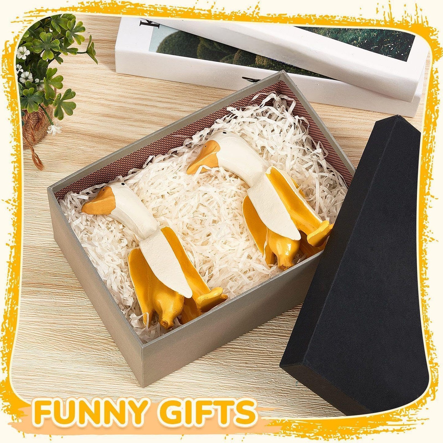 2 Pcs Banana Duck Statue 5.56" Garden Decor Banana Duck Sculpture Garden Ornament Funny Creative Resin Peeled Yellow White Banana Duck Figurine for Indoor Outdoor Yard Lawn Home Office Decorations