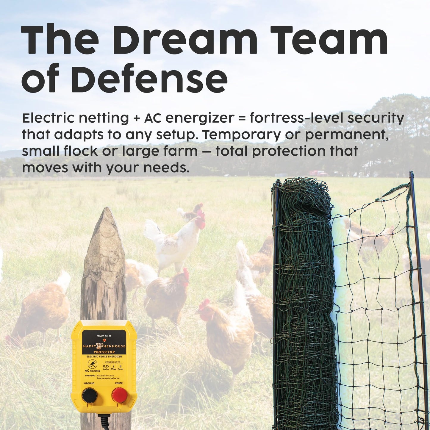 Happy Henhouse Electric Poultry Netting – Premium, Portable & Weatherproof 48" x 164' Net with Stakes, Easy-Setup Predator Fence for Chickens, Farms & Gardens - Sleep Sound Knowing Your Coop is Safe