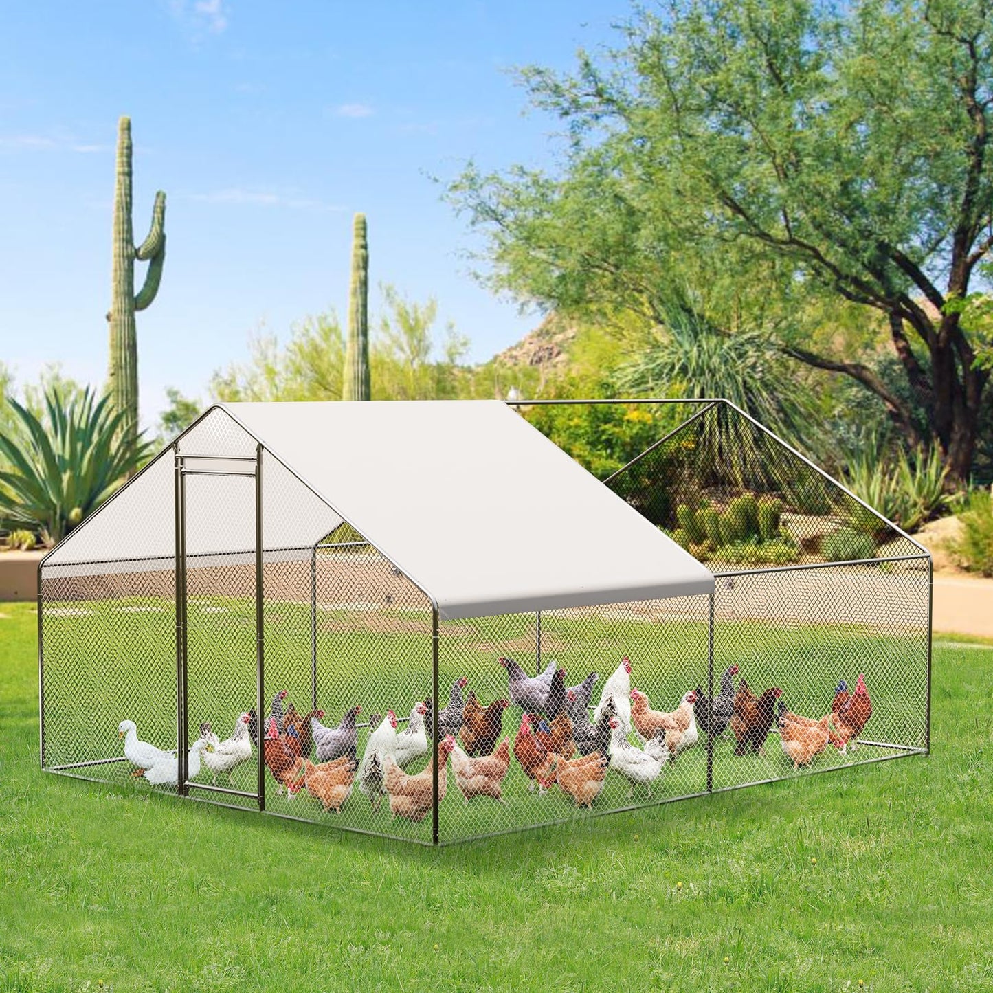 OutdoorVibe Large Metal Chicken Coop, Walk-in Chicken Run for Yard with Anti-Ultraviolet Cover, Spire Shaped Coop for 6-20 Chickens (9.8 * 13.1 * 6.6FT)
