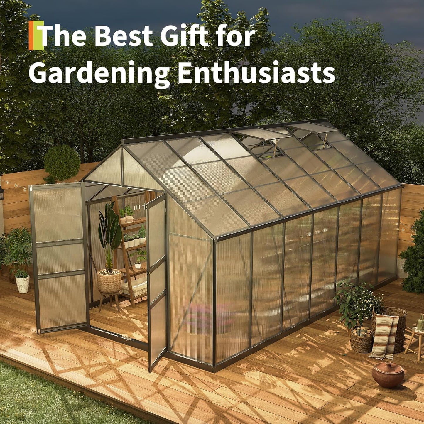 Greenhouse Large Walk-in Green House with Aluminum Frame, Polycarbonate Roof Vent & Wind Resistant, Backyard Garden Greenhouse Kit for All Weather