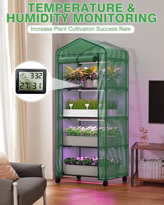 PYY Mini Indoor Greenhouse with Grow Light - Small Portable Outdoor Plant Green House Cabinet with Wheels, Thermometer, PE Tent Cover, 4 Dimmable 3 Color 2FT 36W LED Kit, 4 Tier Gardening Shelves