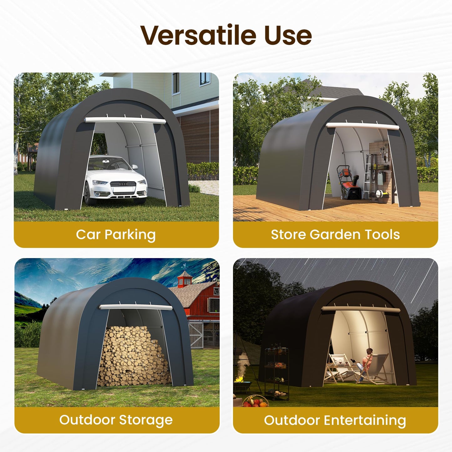 Wisteria Lane Domed Carport, Portable Garage with 2 Roll up Doors, Heavy Duty Car Canopy Party Tent, All-Season Storage Shelter Shed Carport for Motorcycle, Boat, Truck, or Garden Tools, 10' x 15'