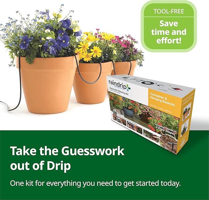 Raindrip R560DP Automatic Drip Irrigation Watering Kit with Customizable Timer for Containers and Hanging Baskets, Waters up to 20 Plants, Includes 20 PC Drippers, Black