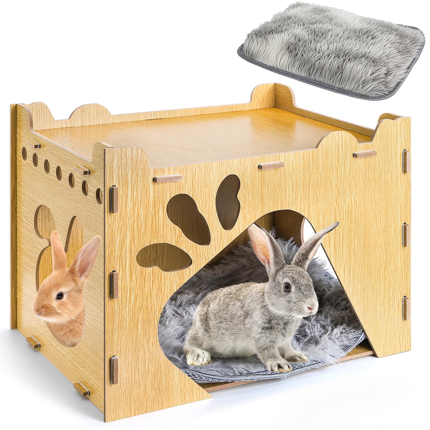 Yesland Rabbit Hideout Castle, Large Wooden Bunny Houses and Hideouts with Pet Pad, Detachable Small Animal Play Hideaway Hut and Playhouse for Indoor Bunnies Guinea Pig Hamster Chinchilla Gerbi