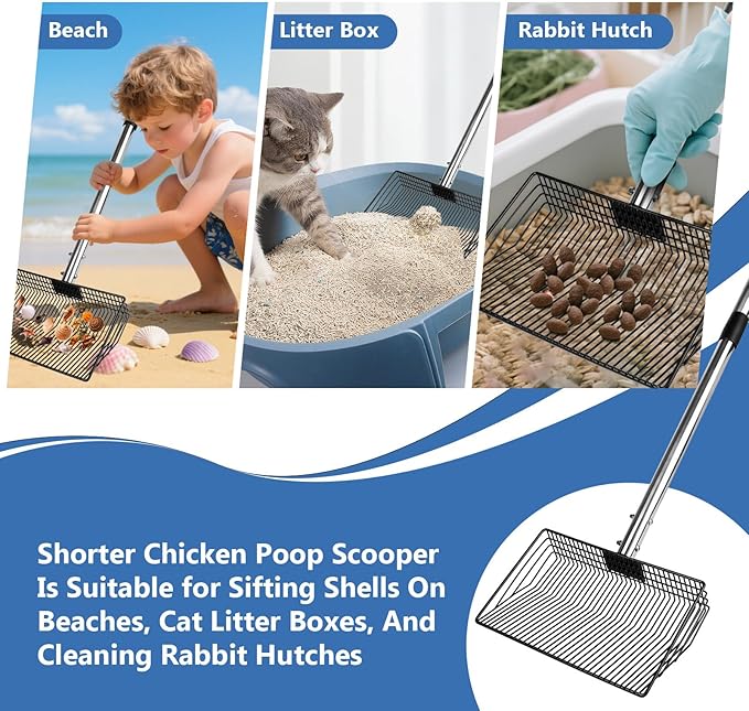 10inch Large Metal Chicken Poop Scooper, Chicken Poop Scooper for Sand with Adjustable Stainless Steel Handle, Chicken Coop Scooper for Sand Suitable for Chicken Coops, Rabbit Coops, Stables, Gardens