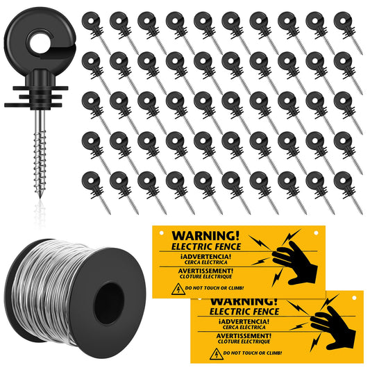 Yaocom 53 Pcs Electric Fence Set 250FT Electric Fence Wire 50 Pcs Electric Fence Insulators and 2 Pcs Electric Fence Warning Signs for Animal Husbandry Electronic