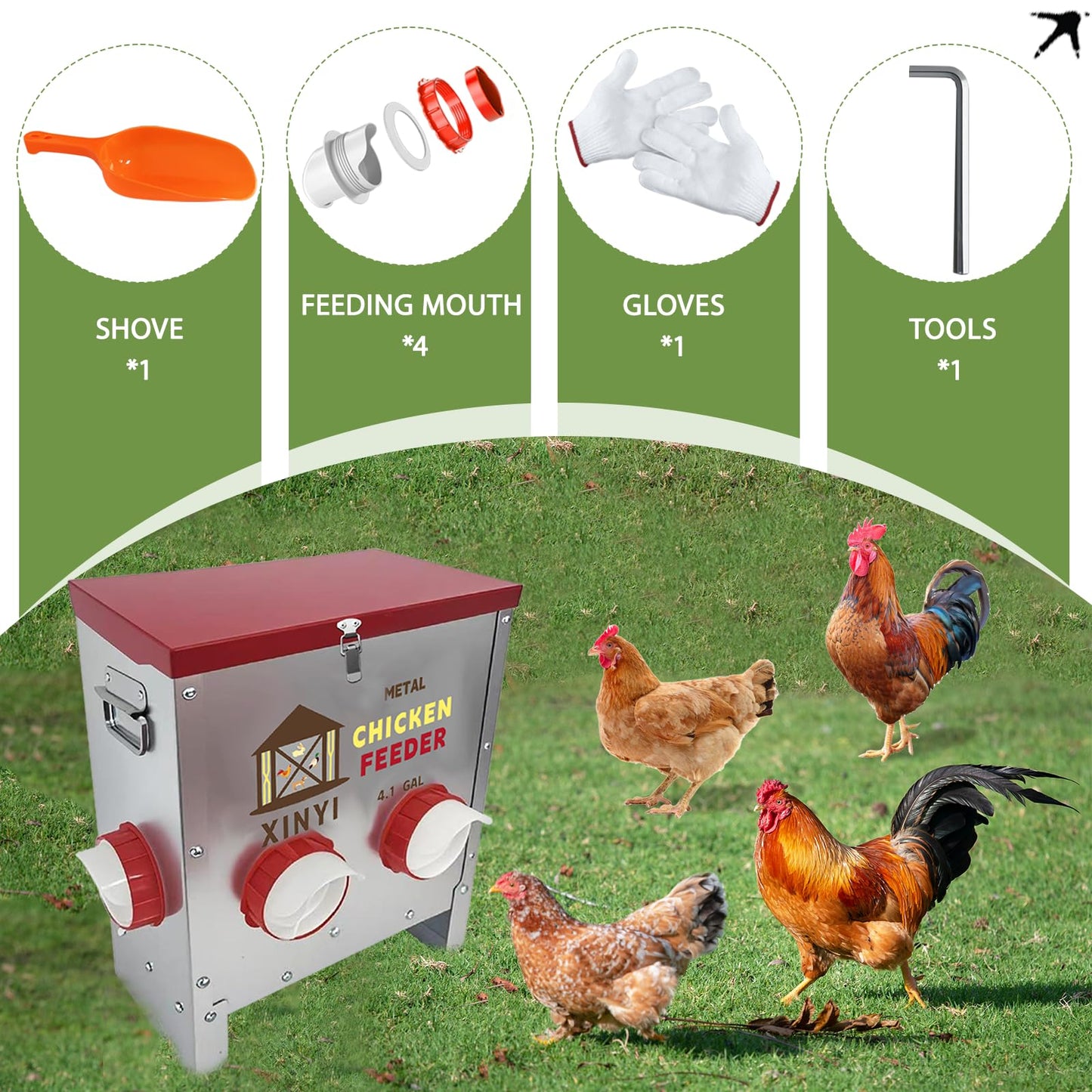 Automatic Chicken Feeder 4 Ports 25lbs Metal Poultry Pro Feeder No Waste Rodent Proof Weatherproof Chicken Food Dispenser System 4.1 Gallon