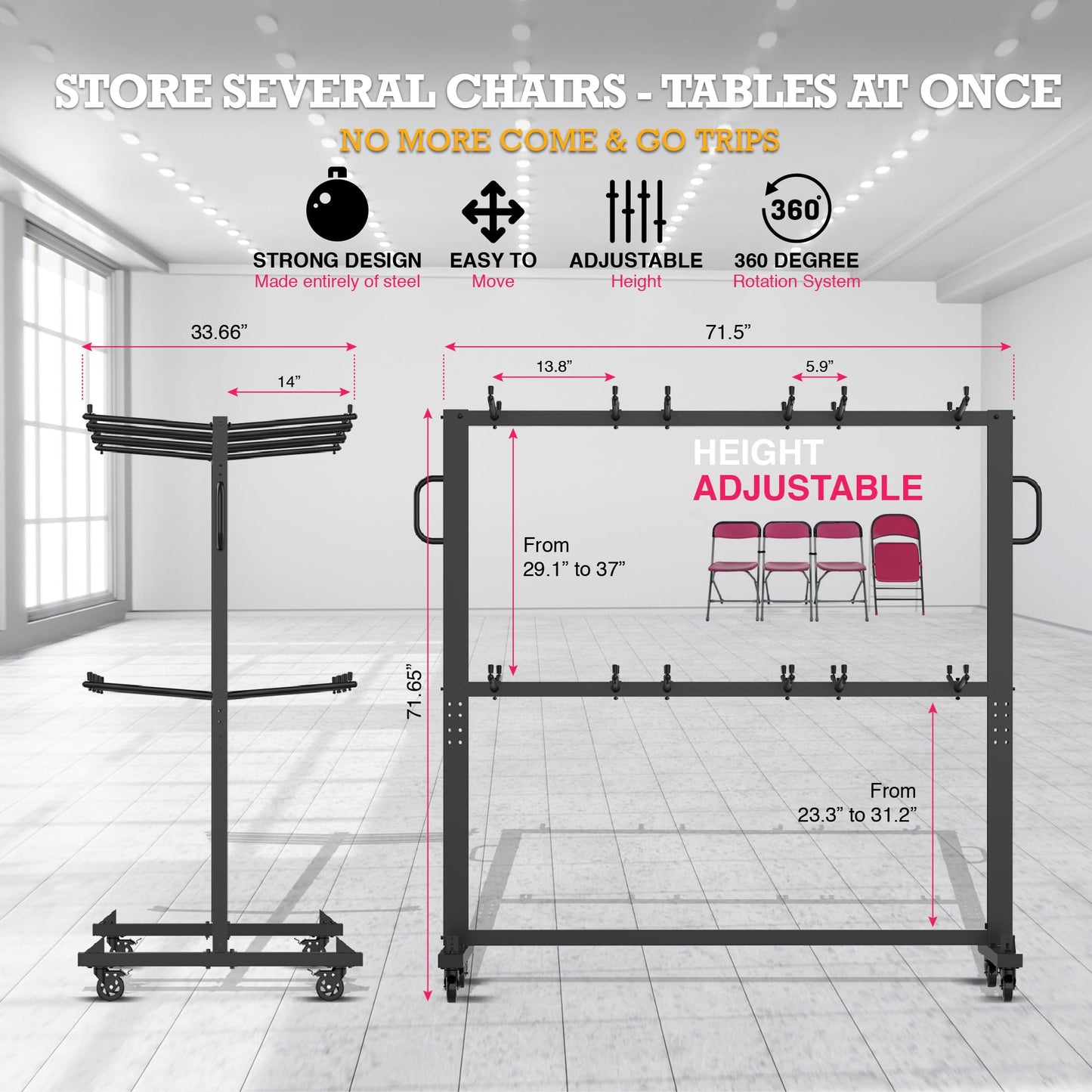 ALAGPRO Folding Chair Rack Cart - Storage Dolly With Wheels, Heavy Duty Holder for 84 Chairs or 12 Tables of 900 LBS Capacity - Includes Outdoor Cover