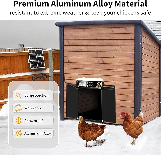 Large Automatic Chicken Coop Door Solar Powered, Charge with 7W Solar Panel Auto Chicken Door, Aluminum Electric Poultry Door with Time & Light Sensor, Remote Control