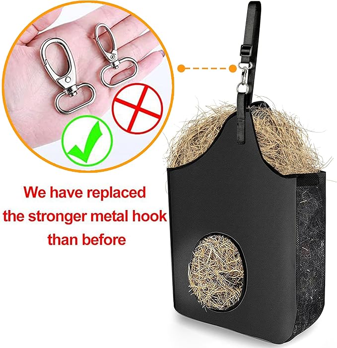 Hay Bag Hanging Goat Feeder Tote Premium Oxford Cloth with Metal Ring and Adjustable Strap for Horses Donkeys Cows Alpacas Ostriches or Other Animals Black