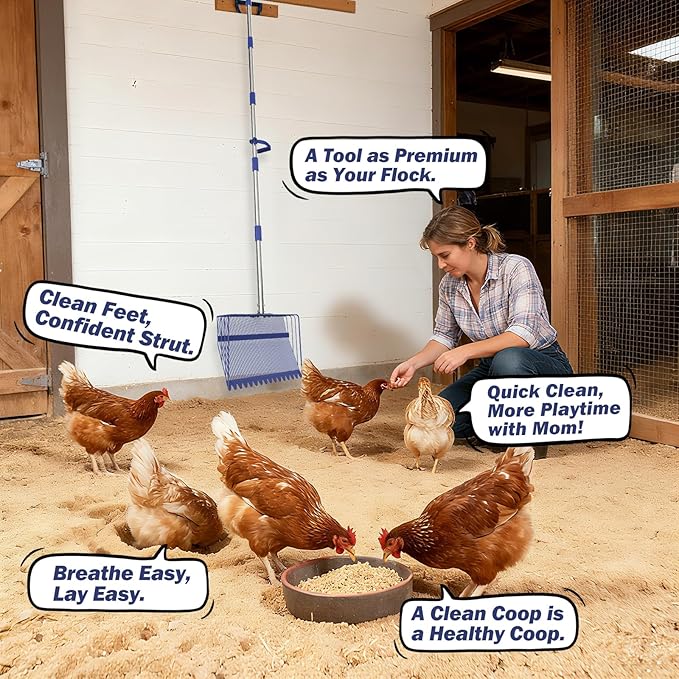 Chicken Poop Scooper & Rake 2-in-1 with Ergonomic Grip, Metal Chicken Coop Scoop for Sand with Adjustable 38”-77” Stainless Steel Handle, Extra Wide 15” Sifting Shovel Cleaning Tools