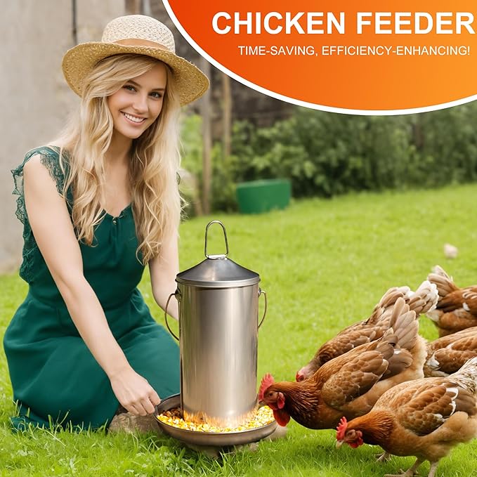 8.8lb Stainless Steel Hanging Chicken Feeder, Metal No Waste Poultry Feeder, Rustproof, Reusable, Long-Lasting, Gravity Feed Chicken Coop Accessories for Chicken, Geese, Duck, Hens, Rooster, Chick