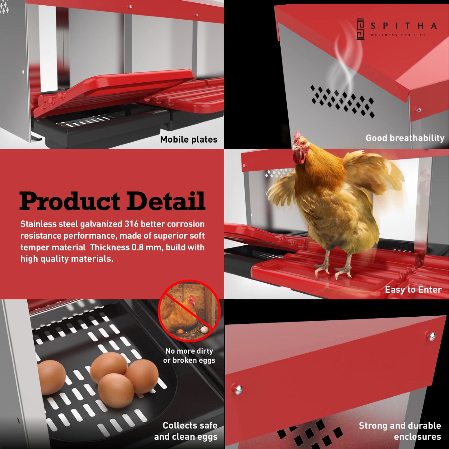 SPITHA Nesting Boxes for Chickens - 4 Hole Reverse Chicken Nesting Box Laying Eggs Coop Compartment Galvanized Stainless Steel and Plastic Nest Roll Out with Perch to 20 Hens with Lid to Protect Eggs.