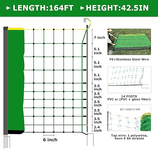 Electric Fence Netting, 42.5" H x 164' L, Portable Livestock Nets Mesh for Hog, Dogs, Deer, Goats, Larger Animals Electric Fencing for Backyards, Homesteaders, Farms, Ranches, Gardens