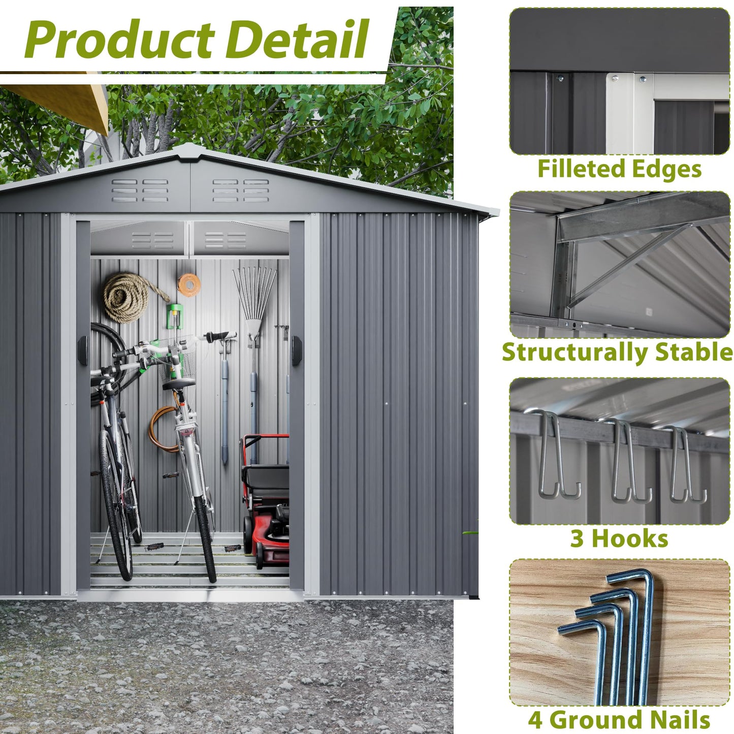 KEIKI Storage Shed 8x6 FT, Large Metal Tool Shed for Outdoor Storage, Galvanized Steel Garden Shed with Floor & Lockable Sliding Doors for Patio, Backyard, Lawn, Grey