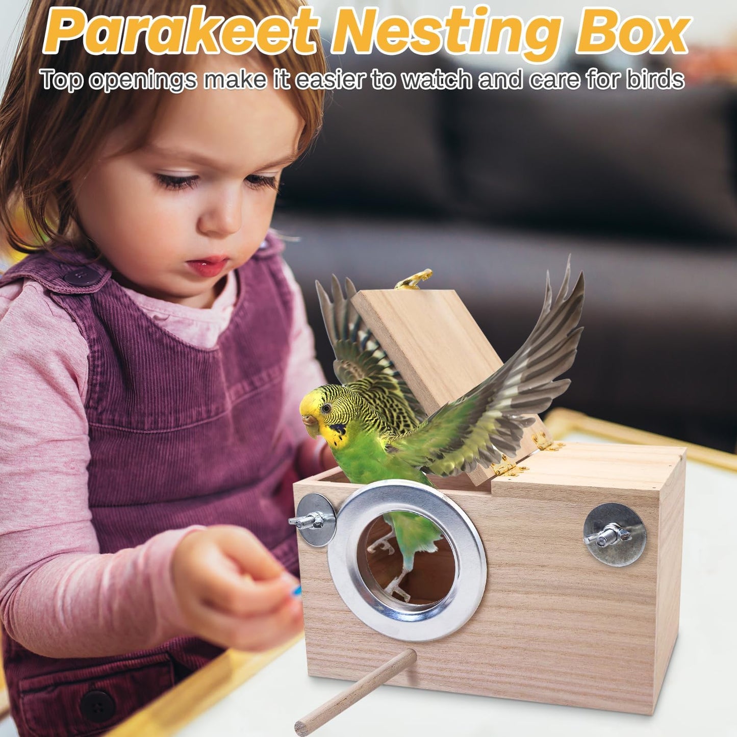 PINVNBY Parakeet Nesting Box Bird House for Cage Wood Mating Box Bird Breeding Box for Lovebirds, Cockatoo, Budgie, Finch, Canary Small and Medium Sized Birds (L:9.8 * 5.3 * 5.3 inch)