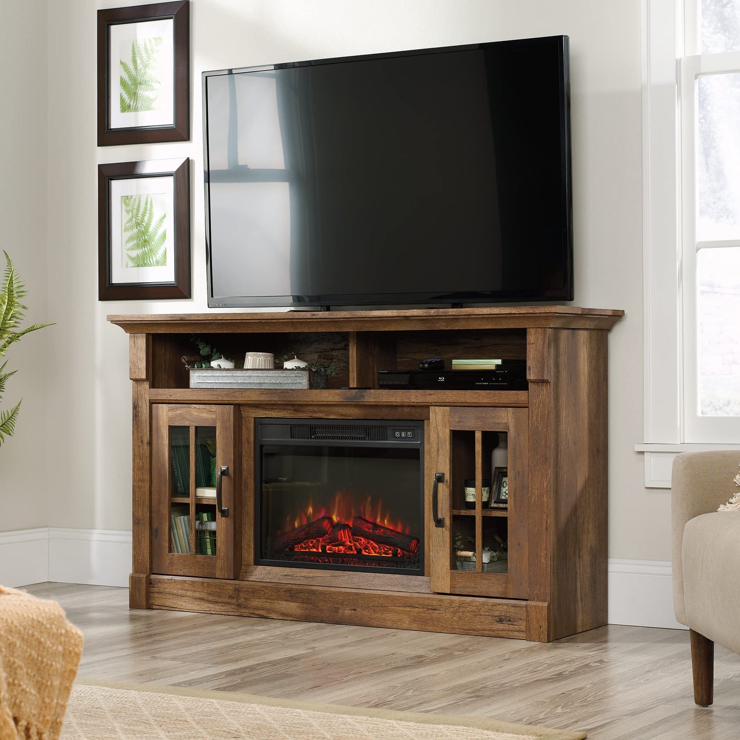 Sauder Miscellaneous Fireplace Credenza, L: 60.0" x W: 16.73" x H: 35.04", Vintage Oak Finish