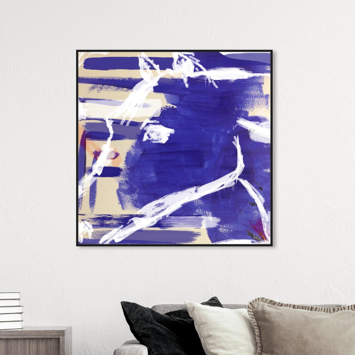 Country Farmhouse Canvas Print Painting Animal Wall Art 'Blue Abstract Horse Line Art' Black Framed Canvas Rustic Home Décor 40x40 in Purple, White by Oliver Gal