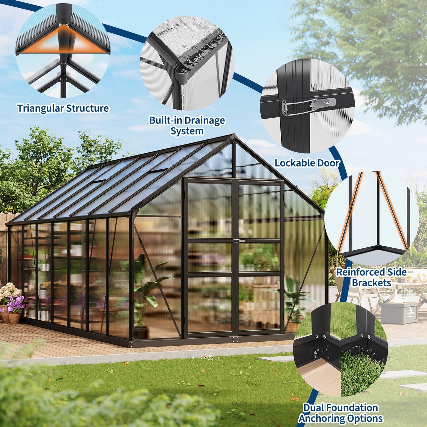 Garvee 8x14 FT Greenhouse, Easy Assembly Polycarbonate Greenhouses for Outdoor with Adjustable Roof Vent, Large Aluminum Walk-in Greenhouse with Lockable Hinged Door for Patio, Backyard, Garden, Black