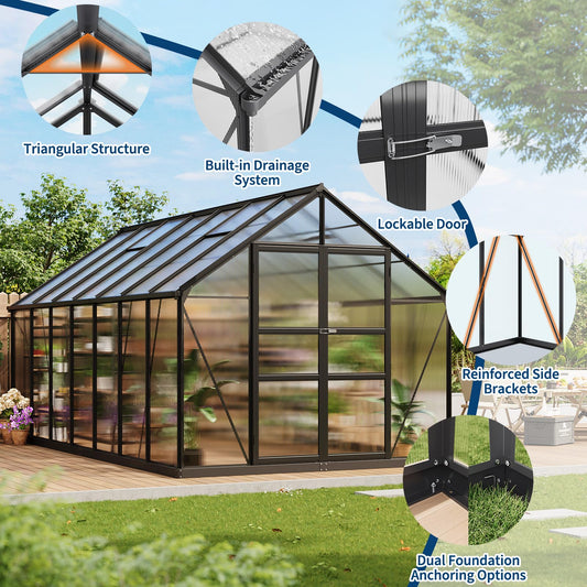 Garvee 8x14 FT Greenhouse, Easy Assembly Polycarbonate Greenhouses for Outdoor with Adjustable Roof Vent, Large Aluminum Walk-in Greenhouse with Lockable Hinged Door for Patio, Backyard, Garden, Black