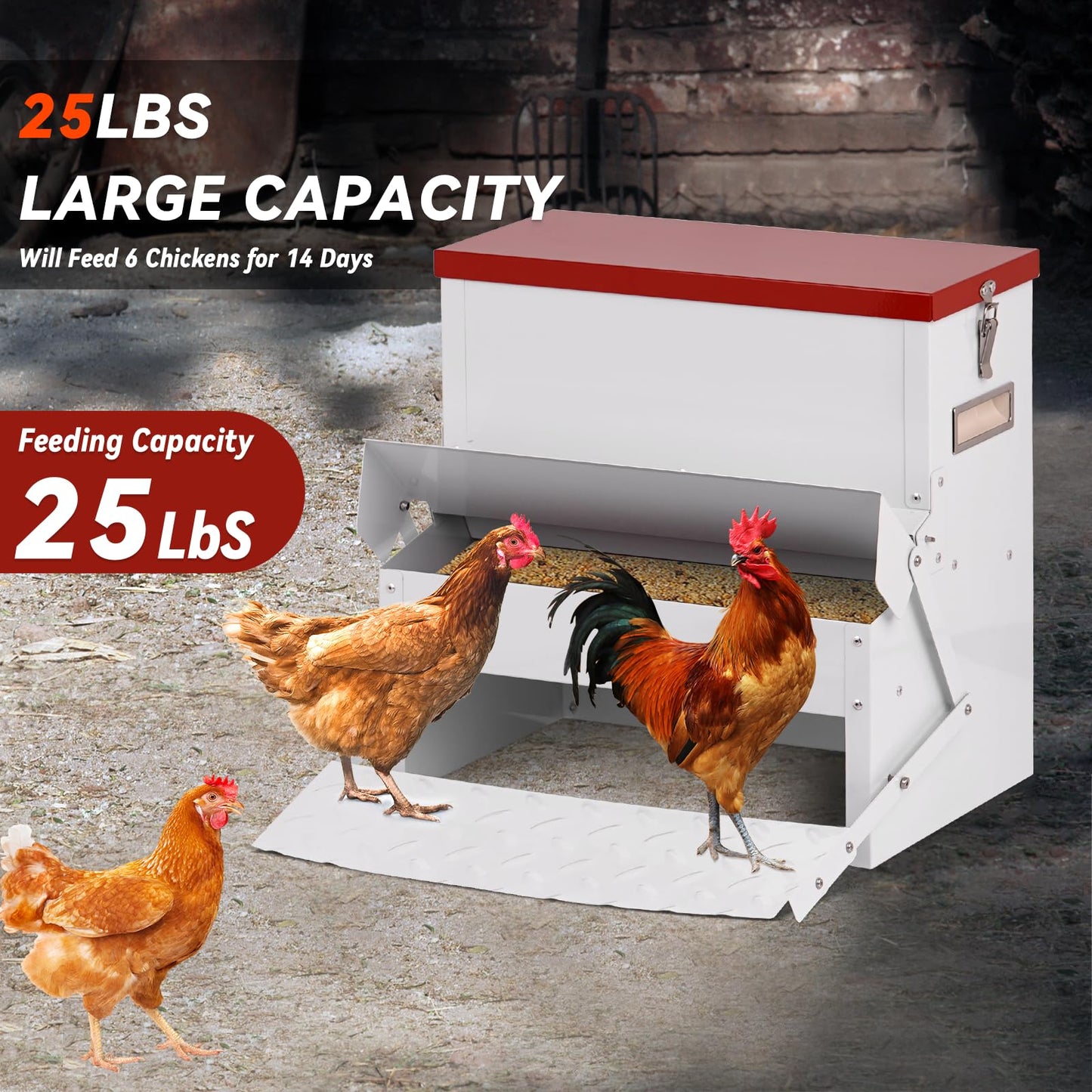 LZWUNYXE Automatic Chicken Feeder No Waste 25lbs Treadle Chicken Feeder Galvanized with Rat Proof Cover and Weatherproof Lid for Fowl,Pheasants,Duck and Roosters