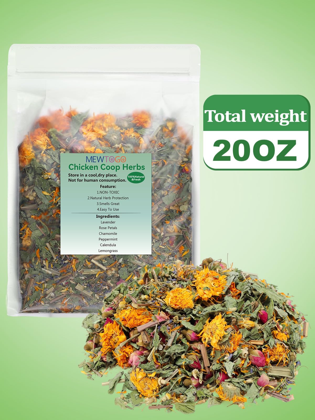 20OZ Chicken Nesting Herbs - Natural Nesting Box Feed Herbs in Premixed 6 Dried Flower Herbs for Freshening Bedding Chicken Coop Promote Egg Production