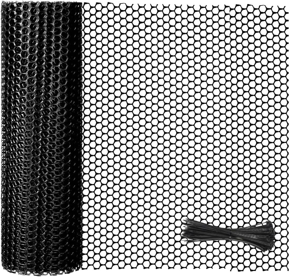 Black Plastic Mesh Fence Roll with Zip Ties – Pet & Garden Barrier for Dogs, Rabbits & Poultry • Balcony & Snake Protection,Easy Install (15.7INx16.4FT)