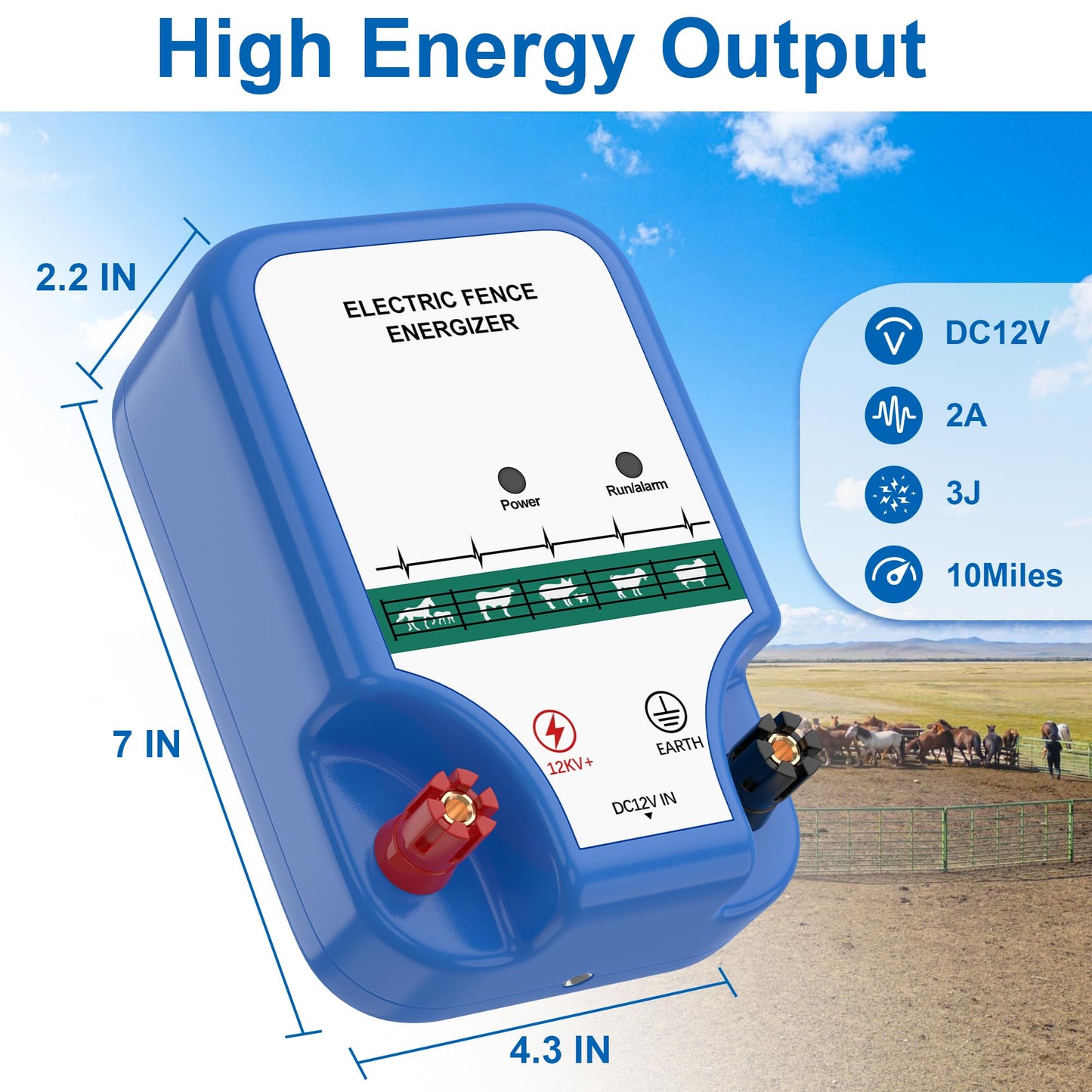 Electric Fence Charger - 12 kV 3 Joules High-Power Electric Fence Energizer for Garden, Chicken, Cattle，Pet，AC/12V/Solar Powered, Weather-Resistant, Safe & Durable for Livestock & Pets