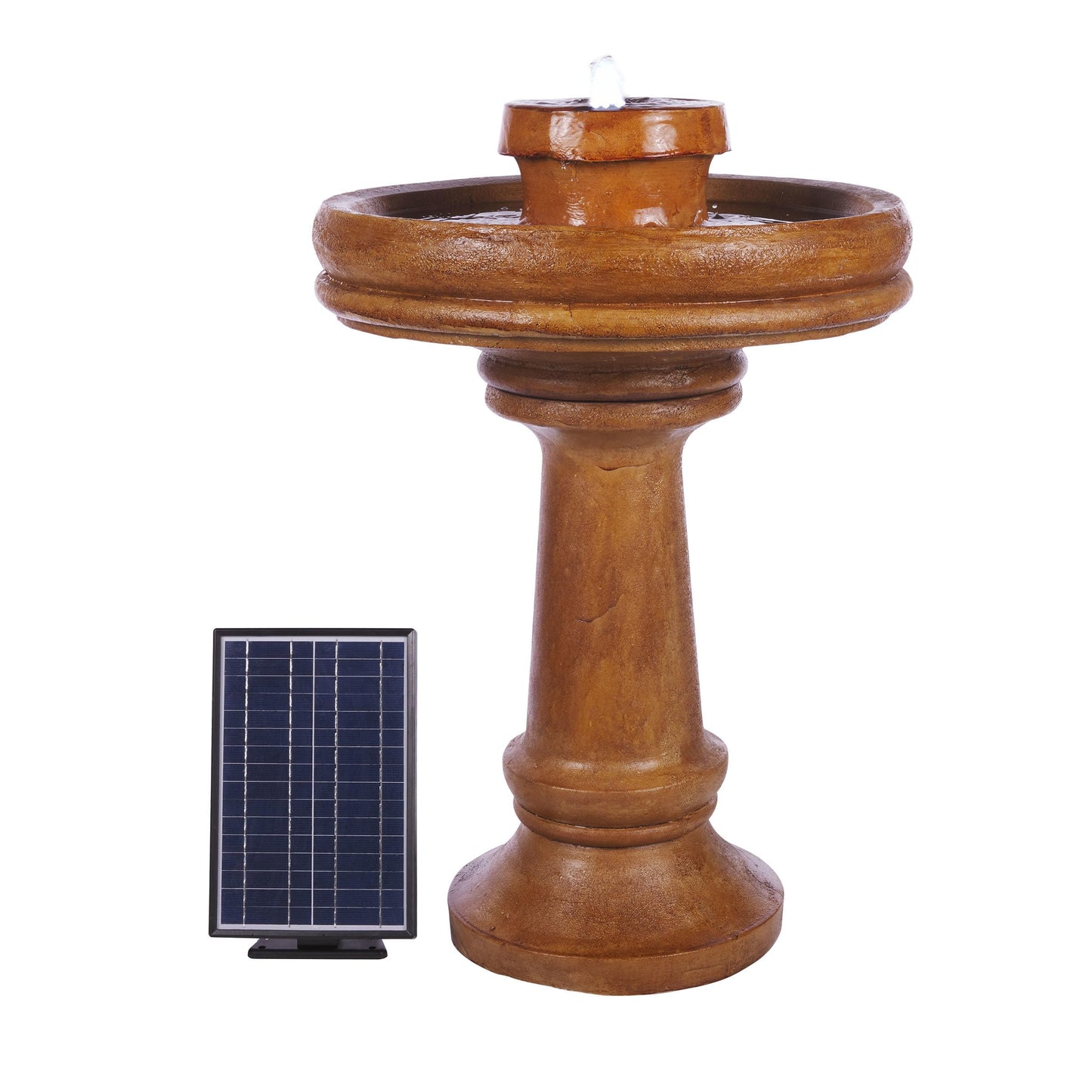 Alpine Corporation TZL202SLR 29" Solar-Powered Outdoor Birdbath Fountain with LED Lights – Elegant Pedestal Garden Water Feature for Backyard and Patio Décor, Brown